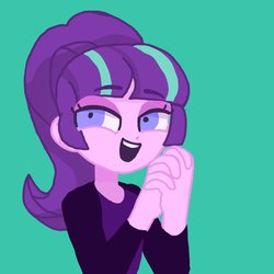 Size: 1536x1538 | Tagged: safe, artist:rakuen_295, starlight glimmer, alien, human, equestria girls, g4, female, lidded eyes, looking at you, open mouth, simple background, solo, teal background