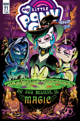 Size: 1186x1800 | Tagged: safe, artist:andypriceart, idw, princess cadance, princess celestia, princess luna, alicorn, cat, pony, g4, spoiler:comic, spoiler:comic71, bedroom eyes, candle, cauldron, clothes, do you believe in magic?, female, halloween, hat, holiday, hood, jack-o-lantern, looking at you, mare, my little pony logo, nightmare night, photo, pumpkin, skull, staff, trio, witch, witch hat