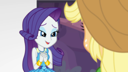 Size: 1920x1080 | Tagged: safe, screencap, applejack, rarity, equestria girls, equestria girls specials, g4, my little pony equestria girls: better together, my little pony equestria girls: rollercoaster of friendship, cute, female, lidded eyes, not an edit, rarity peplum dress, shipping fuel, smiling