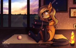 Size: 3762x2358 | Tagged: safe, artist:vincher, oc, oc only, oc:mistie pone, earth pony, pony, behaving like a cat, cat tail, clothes, collar, commission, female, high res, lava lamp, looking at you, mare, paw pads, paw socks, sitting, socks, solo, tongue out, yarn, yarn ball, ych result