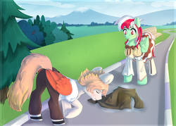 Size: 2800x2000 | Tagged: safe, artist:tigra0118, oc, pony, bench, couple, female, high res, male, scenery, shipping, tree