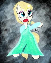 Size: 1024x1280 | Tagged: safe, artist:lunem0on, pony, bipedal, clothes, crossover, disney, disney princess, dress, elsa, frozen (movie), glowing horn, horn, let it go, ponified, singing, solo