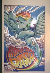 Size: 1412x2048 | Tagged: safe, artist:andypriceart, rainbow dash, pegasus, pony, g4, female, flying, mare, name, one eye closed, solo, sun, traditional art, wink