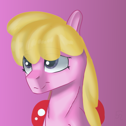 Size: 4000x4000 | Tagged: safe, artist:endelthepegasus, cherry berry, earth pony, pony, g4, background pony, bust, female, pink background, simple background, solo