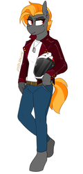 Size: 520x1080 | Tagged: safe, artist:redxbacon, oc, oc only, oc:just cause, anthro, unguligrade anthro, clothes, dog tags, female, helmet, jacket, jeans, leather jacket, motorcycle helmet, pants, red eyes, short mane, smiling, smirk, solo
