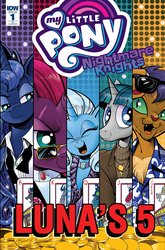 Size: 1186x1800 | Tagged: safe, artist:andypriceart, idw, capper dapperpaws, discord, king sombra, lord tirek, princess luna, queen chrysalis, storm king, stygian, tempest shadow, trixie, abyssinian, alicorn, pony, unicorn, anthro, g4, my little pony: the movie, nightmare knights, spoiler:comic, spoiler:comicnightmareknights01, andy you magnificent bastard, anthro with ponies, chest fluff, comic, cover, eye scar, female, male, mare, ocean's eleven, parody, scar, stallion, sunglasses