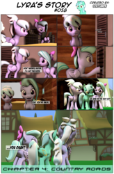 Size: 3929x5995 | Tagged: safe, artist:goatcanon, cloudchaser, flitter, lyra heartstrings, comic:lyra's story, g4, 3d, comic, dialogue, female, lyra's house, ponyville, sisters, source filmmaker