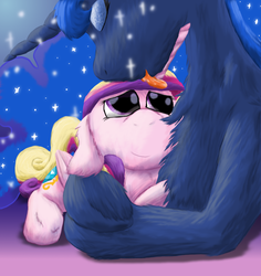 Size: 1691x1794 | Tagged: safe, artist:firefanatic, princess cadance, princess luna, g4, chest fluff, cuddling, cute, cutedance, fluffy, grooming, hug, licking, missing accessory, prone, smiling, story included, tongue out