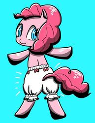 Size: 640x827 | Tagged: safe, artist:asg, pinkie pie, earth pony, pony, g4, clothes, female, looking at you, looking back, looking back at you, mare, shorts, simple background, solo