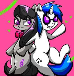 Size: 640x661 | Tagged: safe, artist:asg, dj pon-3, octavia melody, vinyl scratch, earth pony, pony, unicorn, g4, blushing, female, glasses, heart, lesbian, mare, ship:scratchtavia, shipping, simple background