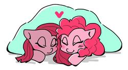 Size: 1024x561 | Tagged: safe, artist:asg, pinkie pie, earth pony, pony, g4, blanket, female, heart, mare, self paradox, self ponidox, simple background, sleeping, white background