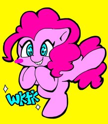 Size: 768x879 | Tagged: safe, artist:asg, pinkie pie, earth pony, pony, g4, female, looking at you, mare, simple background, solo, yellow background