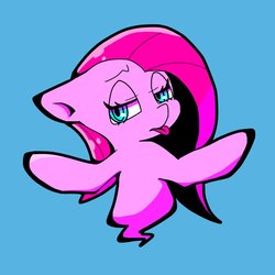 Size: 768x768 | Tagged: safe, artist:asg, pinkie pie, pony, g4, :p, blue background, female, looking at you, looking back, looking back at you, mare, pinkamena diane pie, silly, simple background, solo, tongue out