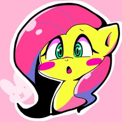 Size: 768x768 | Tagged: safe, artist:asg, fluttershy, pegasus, pony, g4, blush sticker, blushing, bust, female, looking at you, mare, pink background, simple background, solo