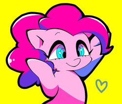 Size: 1274x1086 | Tagged: safe, artist:asg, pinkie pie, earth pony, pony, g4, female, heart, mare, simple background, solo, yellow background