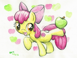 Size: 3770x2828 | Tagged: safe, artist:michiito, apple bloom, earth pony, pony, g4, adorabloom, apple, balancing, cute, female, filly, food, high res, solo, traditional art