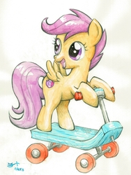 Size: 1500x2000 | Tagged: safe, artist:michiito, scootaloo, pegasus, pony, cute, cutealoo, female, filly, looking back, open mouth, scooter, solo, traditional art
