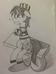 Size: 960x1280 | Tagged: safe, artist:b-cacto, oc, oc only, oc:creative flair, pony, angry, ball and chain, chains, clothes, grumpy, pencil drawing, prison outfit, prison stripes, sitting, solo, traditional art