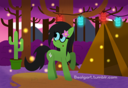 Size: 1950x1350 | Tagged: safe, artist:b-cacto, oc, oc only, oc:prickly pears, firefly (insect), pony, cactus, flower, flower in hair, forest, glasses, lantern, lights, solo, tent, tree