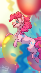 Size: 608x1080 | Tagged: dead source, safe, artist:lumyowl, pinkie pie, earth pony, pony, g4, balloon, cutie mark, female, happy, mare, open mouth, signature, smiling, solo