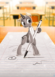 Size: 900x1273 | Tagged: safe, artist:mrs1989, object pony, original species, pony, :3, bipedal, bipedal leaning, classroom, cute, desk, drawing, leaning, paper, pen, ponified, school, solo