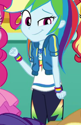 Size: 358x551 | Tagged: safe, screencap, rainbow dash, equestria girls, equestria girls specials, g4, my little pony equestria girls: better together, my little pony equestria girls: rollercoaster of friendship, clothes, cropped, female, geode of super speed, jacket, magical geodes, pants, smiling