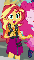 Size: 314x552 | Tagged: safe, screencap, pinkie pie, sunset shimmer, equestria girls, equestria girls specials, g4, my little pony equestria girls: better together, my little pony equestria girls: rollercoaster of friendship, clothes, cropped, female, geode of empathy, jacket, offscreen character, skirt, smiling