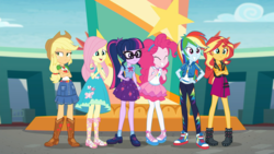 Size: 1920x1080 | Tagged: safe, screencap, applejack, fluttershy, pinkie pie, rainbow dash, sci-twi, sunset shimmer, twilight sparkle, equestria girls, equestria girls specials, g4, my little pony equestria girls: better together, my little pony equestria girls: rollercoaster of friendship, clothes, converse, female, geode of empathy, geode of fauna, geode of sugar bombs, geode of super speed, geode of super strength, geode of telekinesis, humane five, humane six, magical geodes, sandals, shoes, sneakers