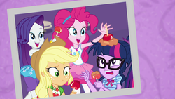 Size: 1920x1080 | Tagged: safe, screencap, applejack, pinkie pie, rarity, sci-twi, twilight sparkle, equestria girls, equestria girls specials, g4, my little pony equestria girls: better together, my little pony equestria girls: rollercoaster of friendship, caramel apple (food), food, geode of shielding, geode of sugar bombs, geode of super speed, geode of super strength, geode of telekinesis, magical geodes, photo booth (song), rarity peplum dress