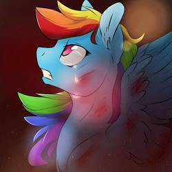 Size: 768x768 | Tagged: safe, artist:lumyowl, rainbow dash, pegasus, pony, g4, abstract background, blood, crying, ear fluff, female, gritted teeth, injured, looking up, mare, redraw, scratches, solo, spread wings, wings