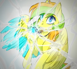 Size: 1100x980 | Tagged: safe, artist:lumyowl, oc, oc only, pegasus, pony, abstract background, broken glass, colored wings, ear fluff, female, gift art, jewelry, looking at you, mare, necklace, solo