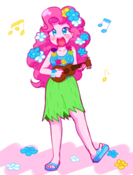 Size: 1000x1318 | Tagged: safe, artist:sagwamat, pinkie pie, equestria girls, g4, blushing, clothes, commissioner:imperfectxiii, cute, diapinkes, feet, female, flip-flops, grass skirt, hula, hulapie, legs, moe, musical instrument, sandals, singing, skirt, solo, ukulele, weapons-grade cute