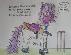 Size: 1617x1254 | Tagged: safe, artist:rapidsnap, oc, oc only, oc:amethyst shade, bat pony, pony, bad pun, cricket, cricket bat, pun, solo, sports, traditional art, wicket