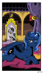 Size: 478x808 | Tagged: safe, artist:z-y-c, princess luna, oc, alicorn, earth pony, pony, g4, bed, curtains, female, male, mare, one eye closed, open mouth, pillow