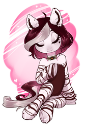 Size: 1814x2716 | Tagged: safe, artist:aphphphphp, oc, oc only, semi-anthro, choker, ear fluff, eyes closed, female, mare, simple background, sitting, solo, stripes, white background