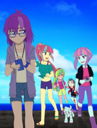 Size: 1507x1990 | Tagged: safe, artist:fantasygerard2000, indigo zap, lemon zest, sour sweet, sunny flare, oc, oc:magus eveningstar, oc:percy the robot dog, robot, equestria girls, g4, belly button, cellphone, clothes, cloud, glasses, looking back, phone, robot dog, sandals, sky, smiling, sunny flare's wrist devices