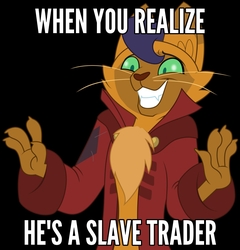 Size: 875x913 | Tagged: safe, capper dapperpaws, anthro, g4, my little pony: the movie, black background, chest fluff, clothes, coat, image macro, joking in the comments, male, meme, simple background, slaver, slavery, solo, text