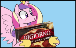 Size: 485x308 | Tagged: safe, artist:lance, edit, princess cadance, alicorn, pony, g4, blushing, digiorno, female, food, holding, mare, meat, meme, peetzer, pepperoni, pepperoni pizza, pizza, ponies eating meat, smiling, solo, spread wings, that pony sure does love pizza, wingboner, wings