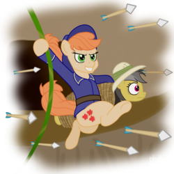 Size: 1000x1000 | Tagged: safe, artist:phallen1, applejack, daring do, oc, oc:colonel maplerum, earth pony, pegasus, pony, g4, alternate universe, arrow, atg 2018, carrying, daringverse, grin, newbie artist training grounds, recolor, rope, simple background, smiling, swinging, tied up, transparent background