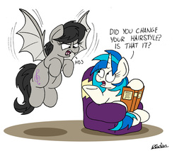 Size: 2214x1886 | Tagged: safe, artist:bobthedalek, dj pon-3, octavia melody, vinyl scratch, bat pony, pony, unicorn, g4, armchair, atg 2018, bat ponified, batavia, book, chair, dialogue, duo, duo female, female, hissing, newbie artist training grounds, oblivious, race swap, simple background, text, this will end in tears, white background