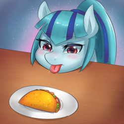 Size: 400x400 | Tagged: safe, artist:tzc, sonata dusk, pony, equestria girls, :p, behaving like a dog, cute, equestria girls ponified, female, food, low quality, mare, mlem, ponified, silly, solo, sonatabetes, sonataco, taco, that pony sure does love tacos, tongue out