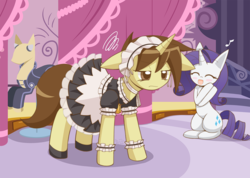 Size: 1125x800 | Tagged: safe, artist:howxu, rarity, oc, pony, unicorn, g4, blushing, clothes, duo, eyes closed, female, maid, mannequin, mare, open mouth, smiling, unamused