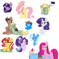 Size: 1000x1000 | Tagged: safe, artist:chautung, fluttershy, pinkie pie, rainbow dash, rarity, starlight glimmer, sunset shimmer, trixie, twilight sparkle, oc, oc:hyde, oc:jekyll, g4, pinkamena diane pie