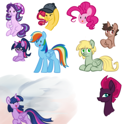 Size: 1000x1000 | Tagged: safe, artist:chautung, pinkie pie, sci-twi, starlight glimmer, sunset shimmer, tempest shadow, twilight sparkle, oc, oc:hyde, oc:jekyll, alicorn, pony, unicorn, equestria girls, g4, beanie, cap, equestria girls ponified, hat, ponified, twilight sparkle (alicorn), unicorn sci-twi