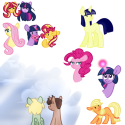 Size: 1000x1000 | Tagged: safe, artist:chautung, applejack, fluttershy, pinkie pie, sunset shimmer, twilight sparkle, oc, oc:hyde, oc:jekyll, g4, female, lesbian, ship:sunsetsparkle, shipping