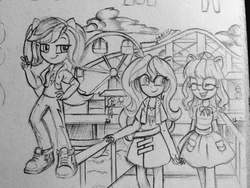 Size: 960x720 | Tagged: safe, artist:chautung, rainbow dash, sci-twi, sunset shimmer, twilight sparkle, equestria girls, g4, amusement park, converse, cute, dashabetes, eyes closed, female, lesbian, pencil drawing, ponied up, shimmerbetes, ship:sci-twishimmer, ship:sunsetsparkle, shipping, shoes, smiling, traditional art, twiabetes