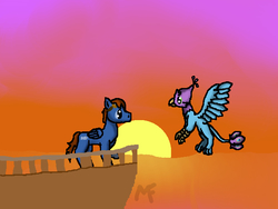 Size: 640x480 | Tagged: safe, artist:berylliumkitten, oc, oc:gyro feather, oc:gyro tech, oc:seaward skies, griffon, griffonized, species swap, sunset