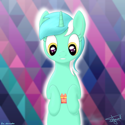 Size: 3000x3000 | Tagged: safe, lyra heartstrings, pony, unicorn, g4, abstract background, background pony, box, female, high res, present, solo