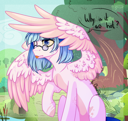 Size: 1400x1335 | Tagged: safe, artist:cloud-fly, oc, oc only, pegasus, pony, female, glasses, mare, river, solo, tree