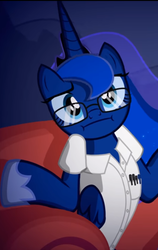 Size: 514x813 | Tagged: safe, artist:2snacks, edit, princess luna, alicorn, pony, two best sisters play, g4, angry video game nerd, clothes, couch, female, glasses, hoof shoes, shrug, shrugpony, solo